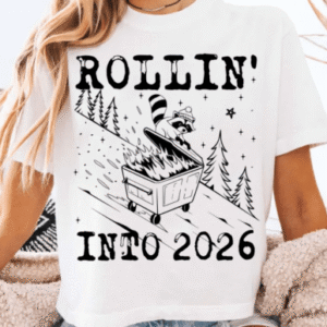 Custom Funny Raccoon T-Shirt – “Rollin’ Into 2026” Graphic Tee