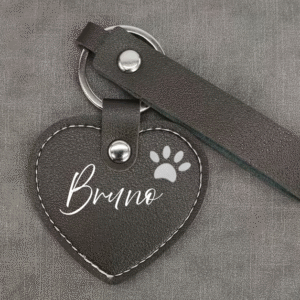 Personalized Leather Heart Keychain with Paw Print – Custom Dog Name Engraving