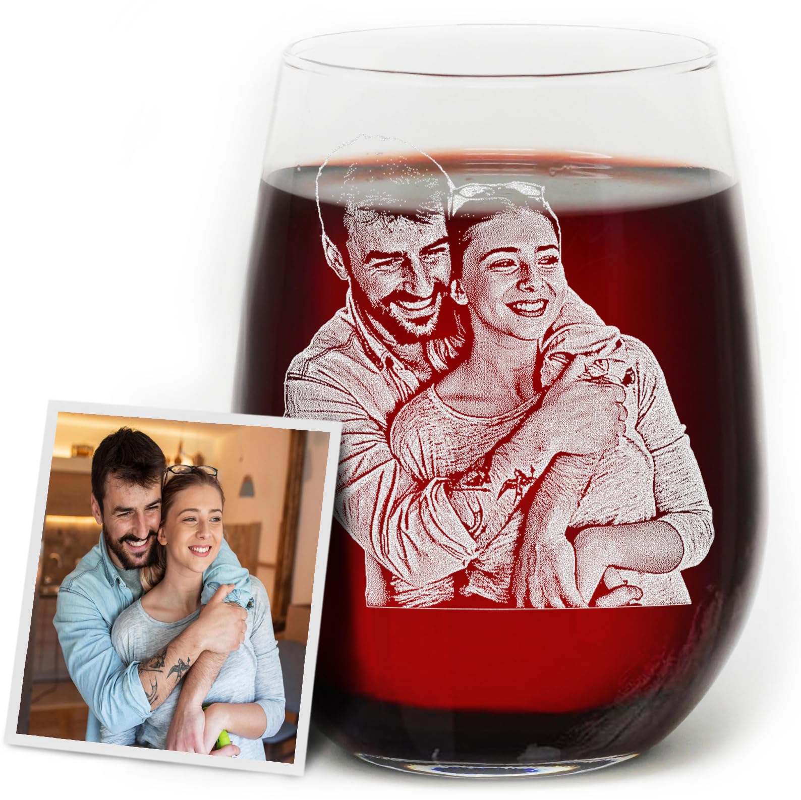 Custom Photo Engraved Stemless Wine Glass – Personalized Couple Keepsake