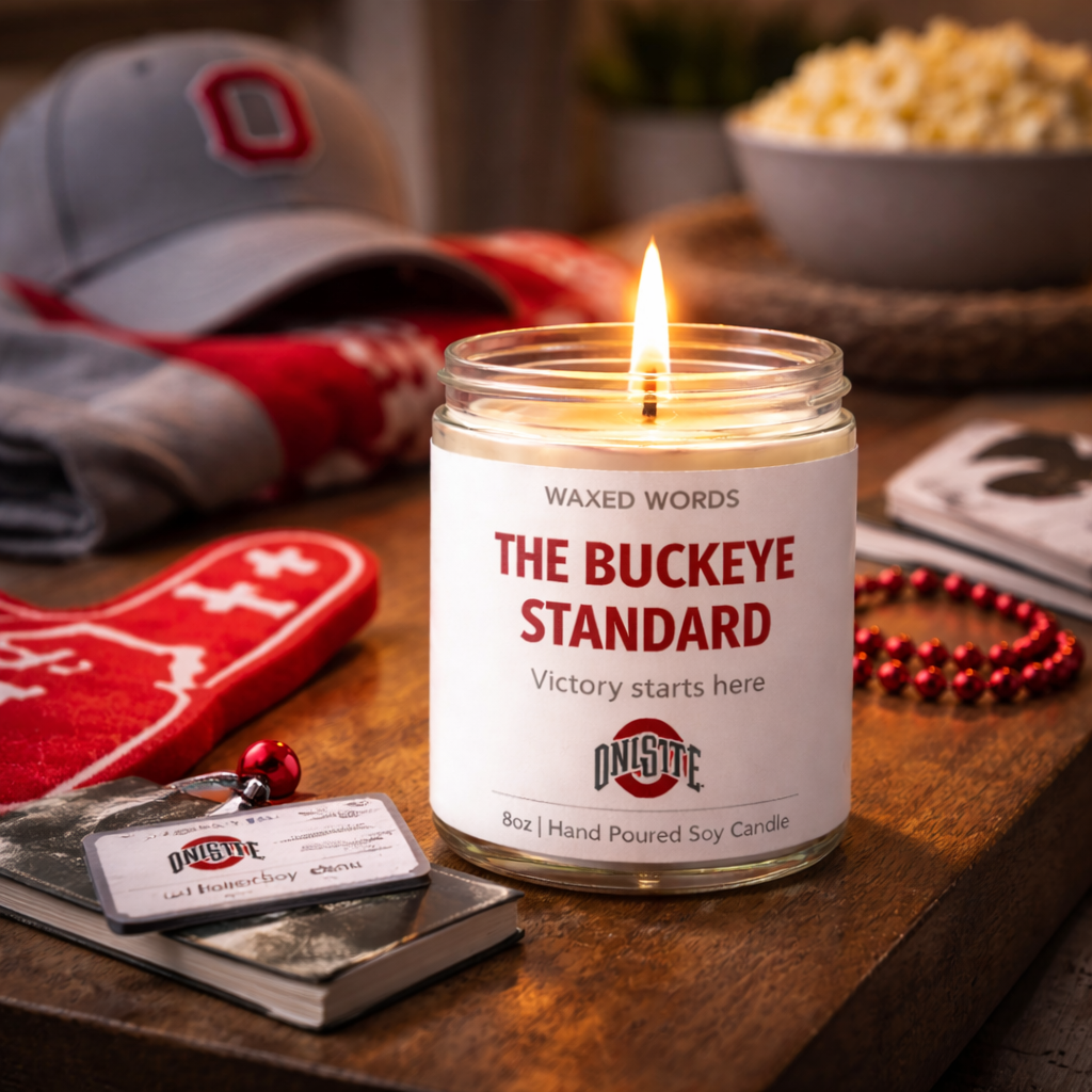 Waxed Words candle on a shelf in an Ohio State fan cave with jerseys, memorabilia, and Buckeye-themed decor.