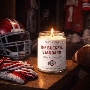 Waxed Words candle on a locker room bench with football helmet, gloves, cleats, and jersey in a dramatic Ohio State-themed setting.