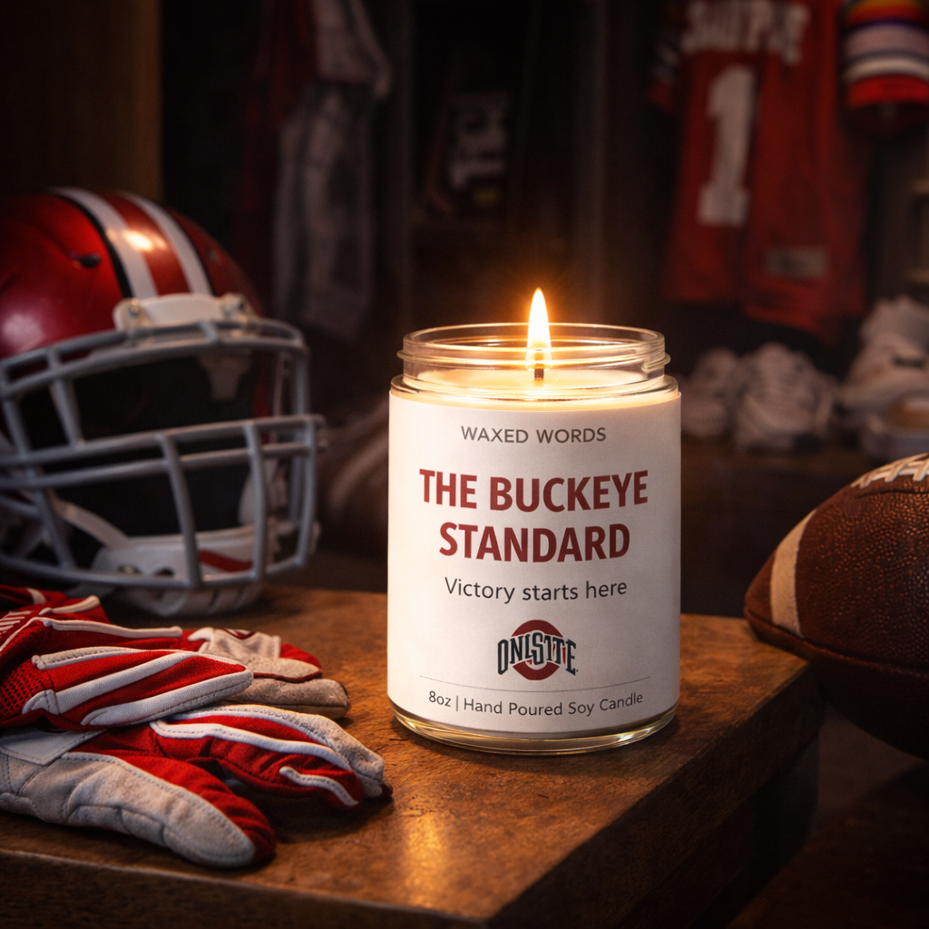 Waxed Words candle on a locker room bench with football helmet, gloves, cleats, and jersey in a dramatic Ohio State-themed setting.