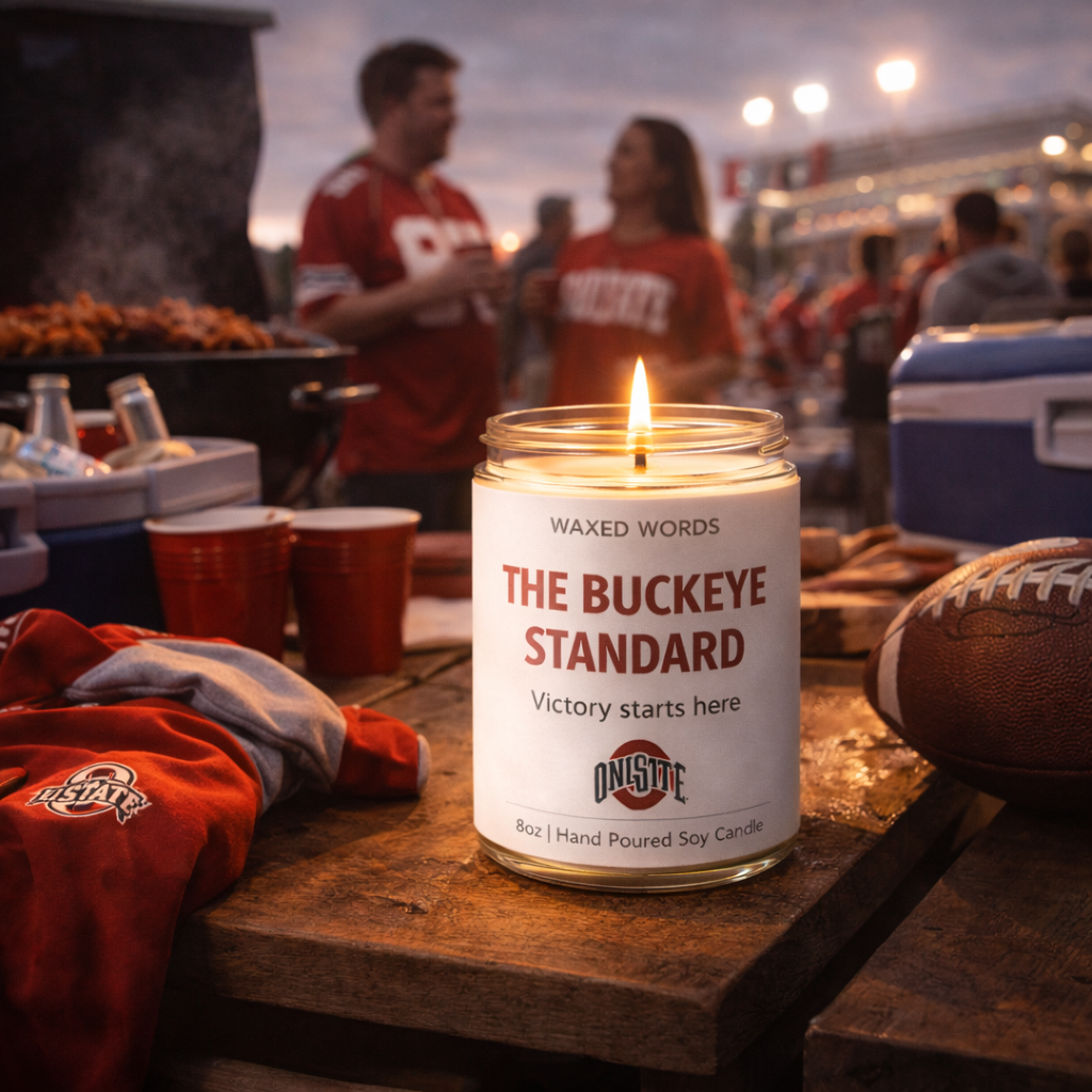 Waxed Words “The Buckeye Standard” candle on a tailgate table with red cups, cooler, football, and Ohio State fans in the background near a stadium.
