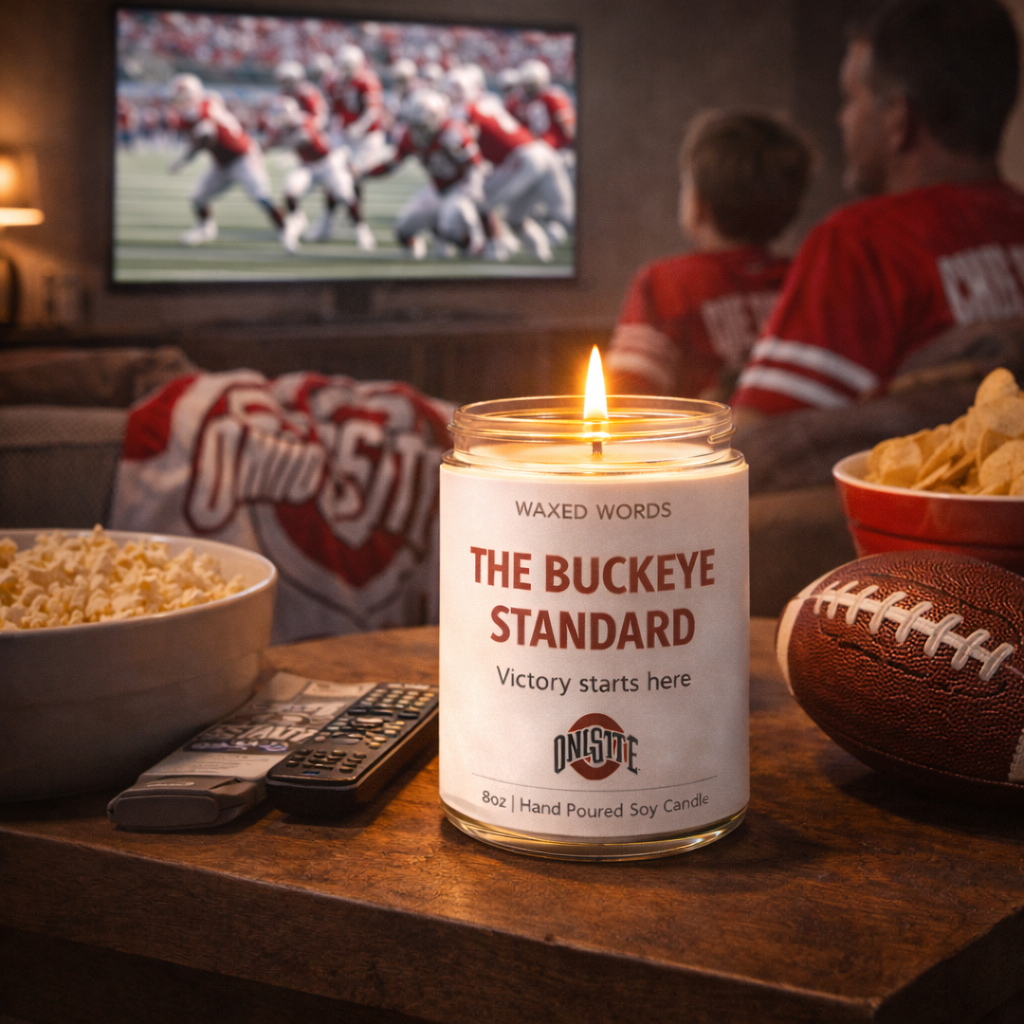 Waxed Words Buckeye candle on a coffee table with snacks, remote, football, and a family watching an Ohio State game on TV.