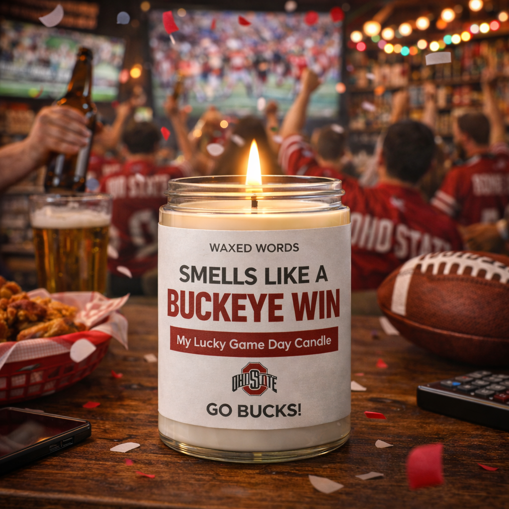 Waxed Words Buckeye candle on a bar table with beer, wings, and cheering Ohio State fans with confetti in the background.