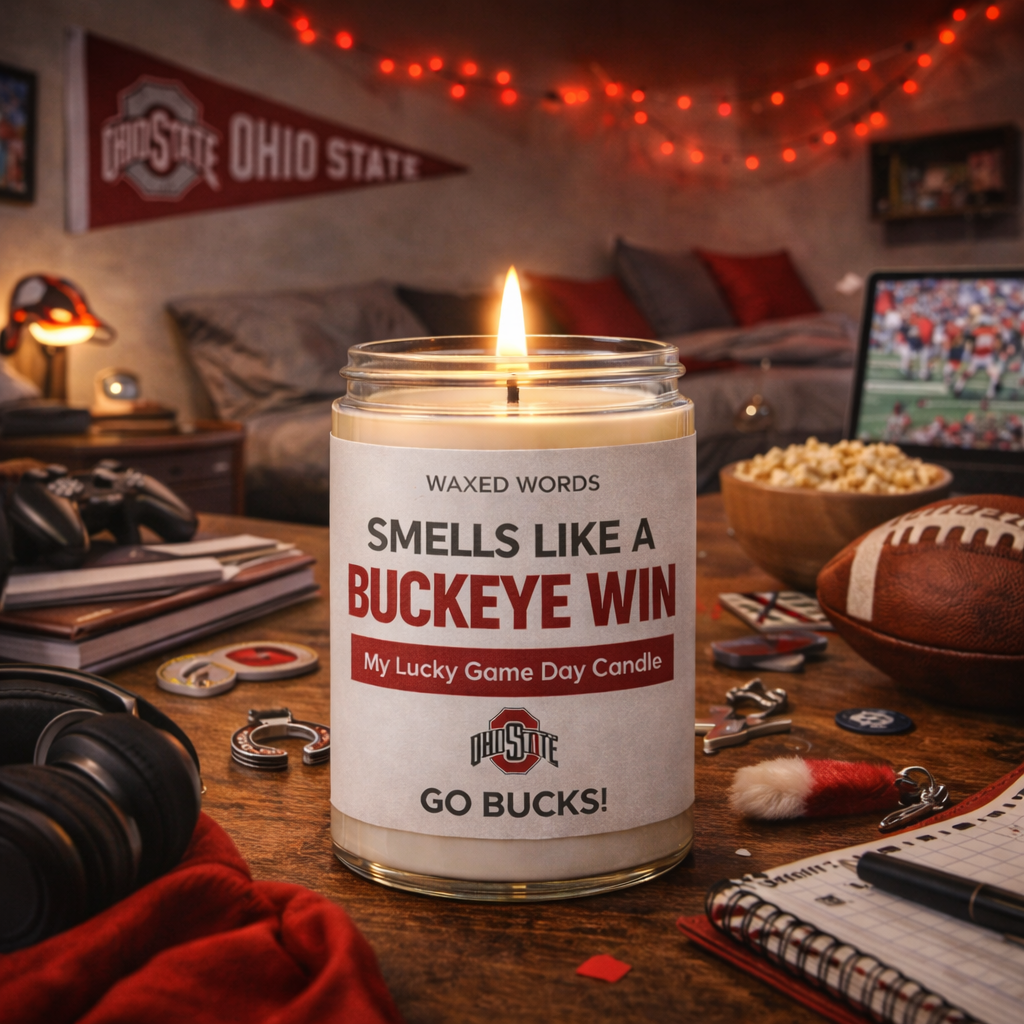 Waxed Words Buckeye candle on a dorm desk with Ohio State pennant, laptop game, headphones, and student essentials.