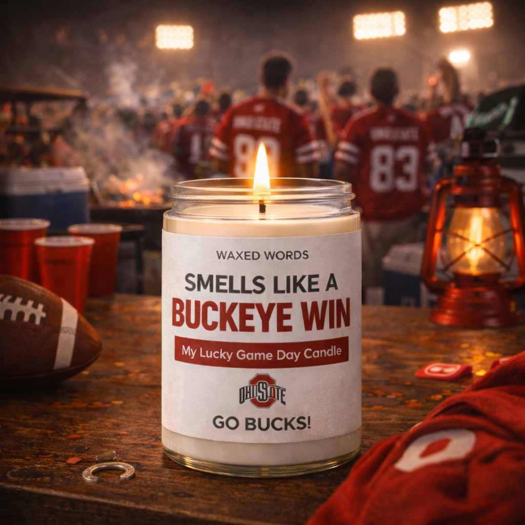 Waxed Words “Smells Like a Buckeye Win” candle on a wooden table with red cups, football, lantern, and fans under stadium lights.