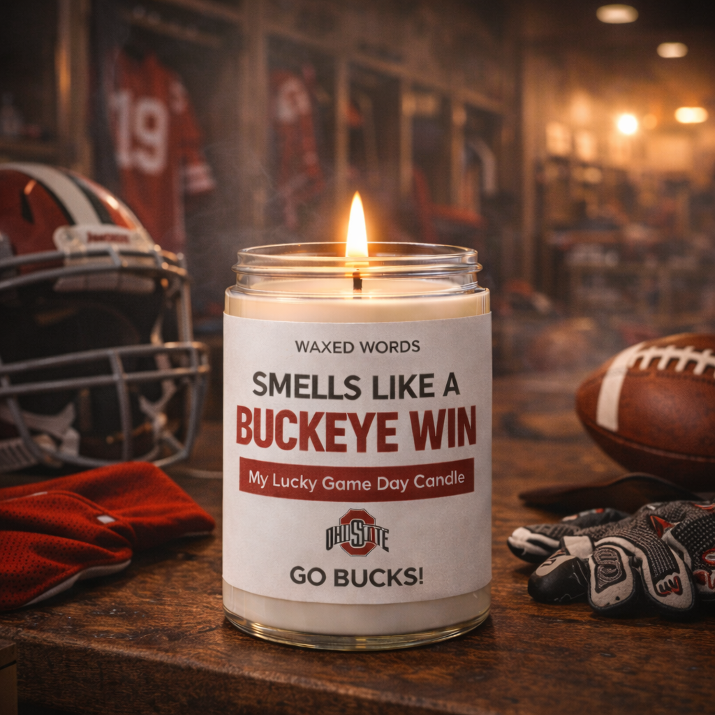 Waxed Words candle on a locker room bench with helmet, gloves, and football in a dramatic Ohio State-inspired setting.