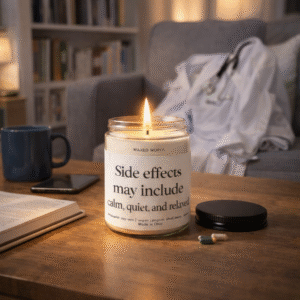 Lit soy candle with “Side effects may include calm, quiet, and relaxed” label on a wooden coffee table in a cozy living room with soft lighting, books, and warm decor.
