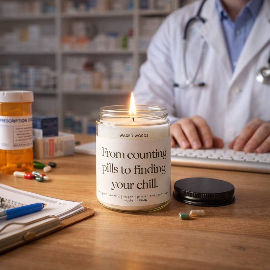 Lit soy candle with “From counting pills to finding your chill” label on a pharmacist’s desk with keyboard, prescription bottles, and scattered capsules in a pharmacy setting.