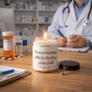 Soy wax candle labeled “From counting pills to finding your chill” beside a clipboard, prescription notes, and medication bottles in a pharmacist workspace.