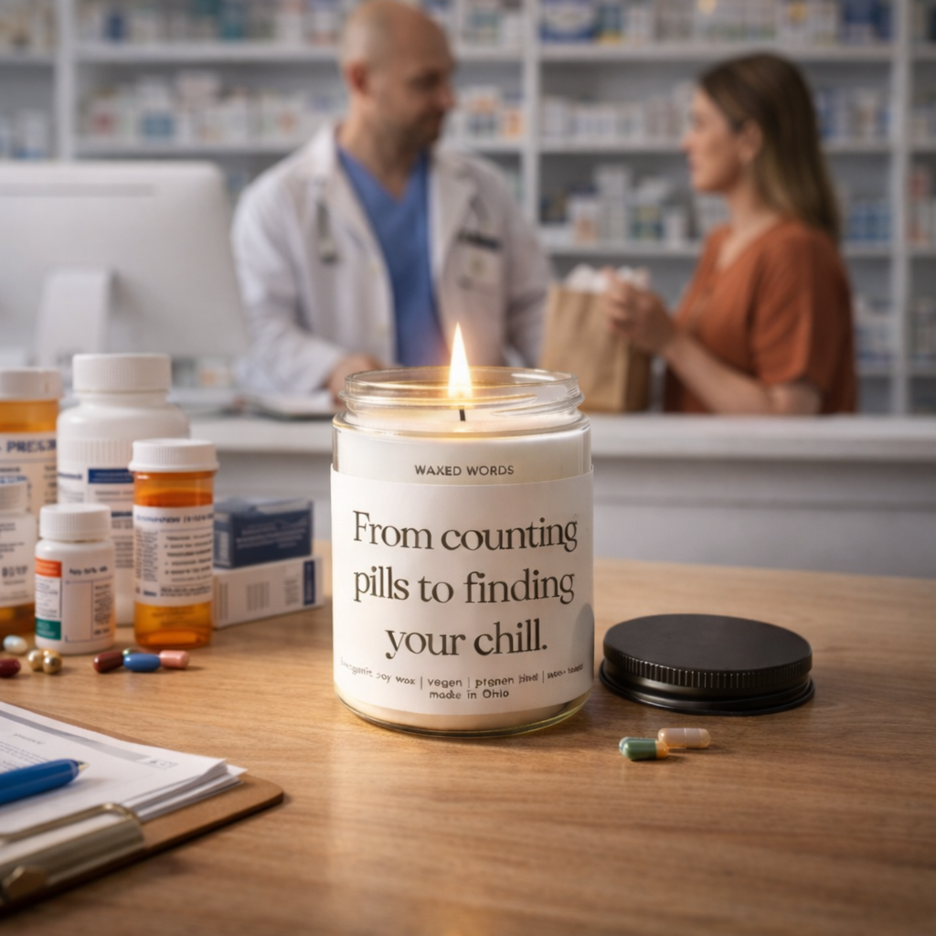 Lit Waxed Words candle on a pharmacy counter with pharmacist assisting a customer in the background, surrounded by prescription bottles.