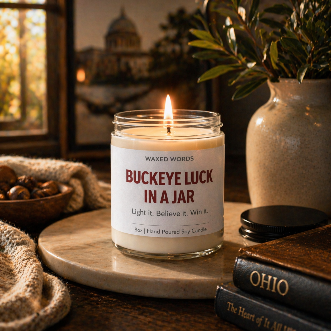 Waxed Words candle on a locker room bench with football helmet, gloves, and jersey in a dramatic Ohio State-inspired setting.
