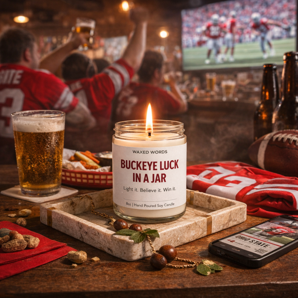 Waxed Words “Buckeye Luck in a Jar” candle on a wooden bar table with beer, wings, and Ohio State fans watching a football game on screens in the background.
