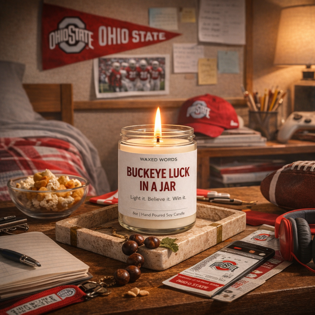 Waxed Words Buckeye candle on a dorm desk with Ohio State pennant, books, headphones, and game-day items in a student room.