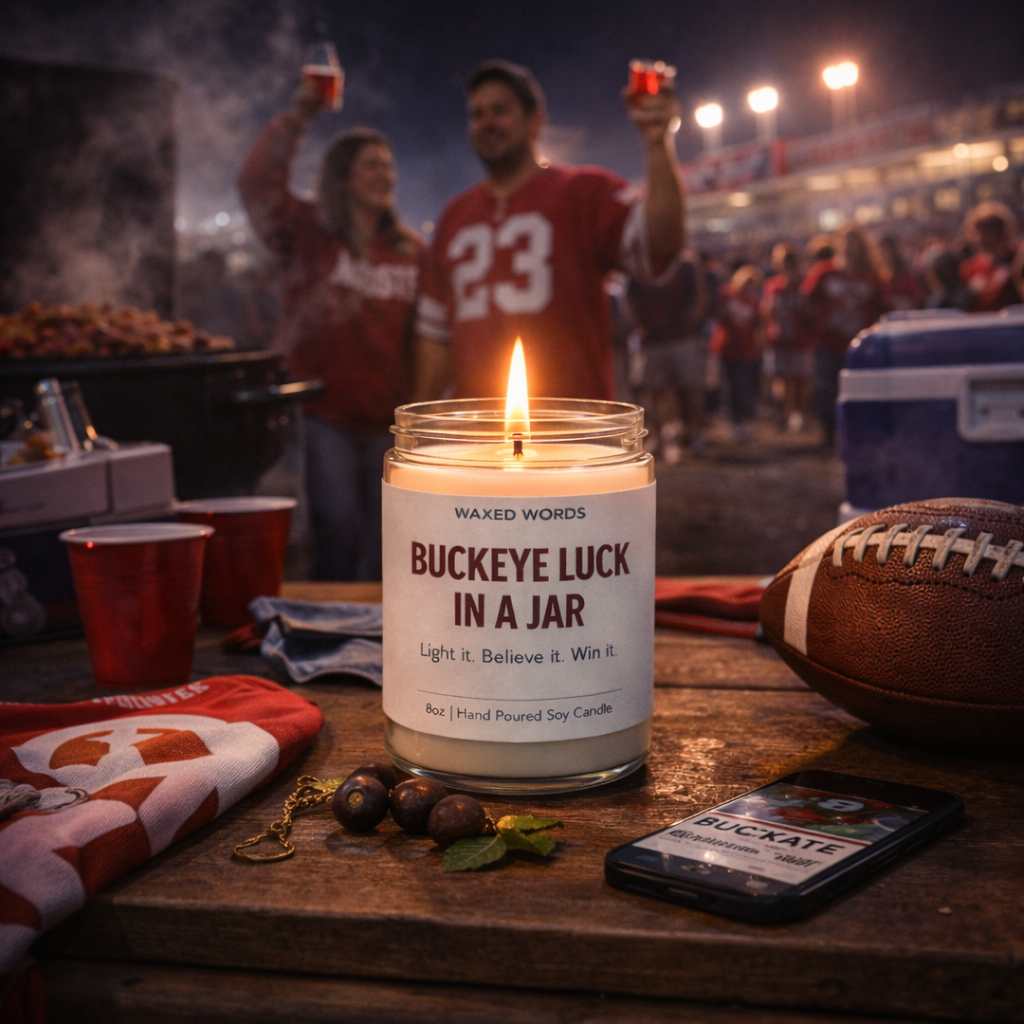 Waxed Words “Buckeye Luck in a Jar” candle glowing on a wooden table at a nighttime Ohio State tailgate with stadium lights and fans in the background.