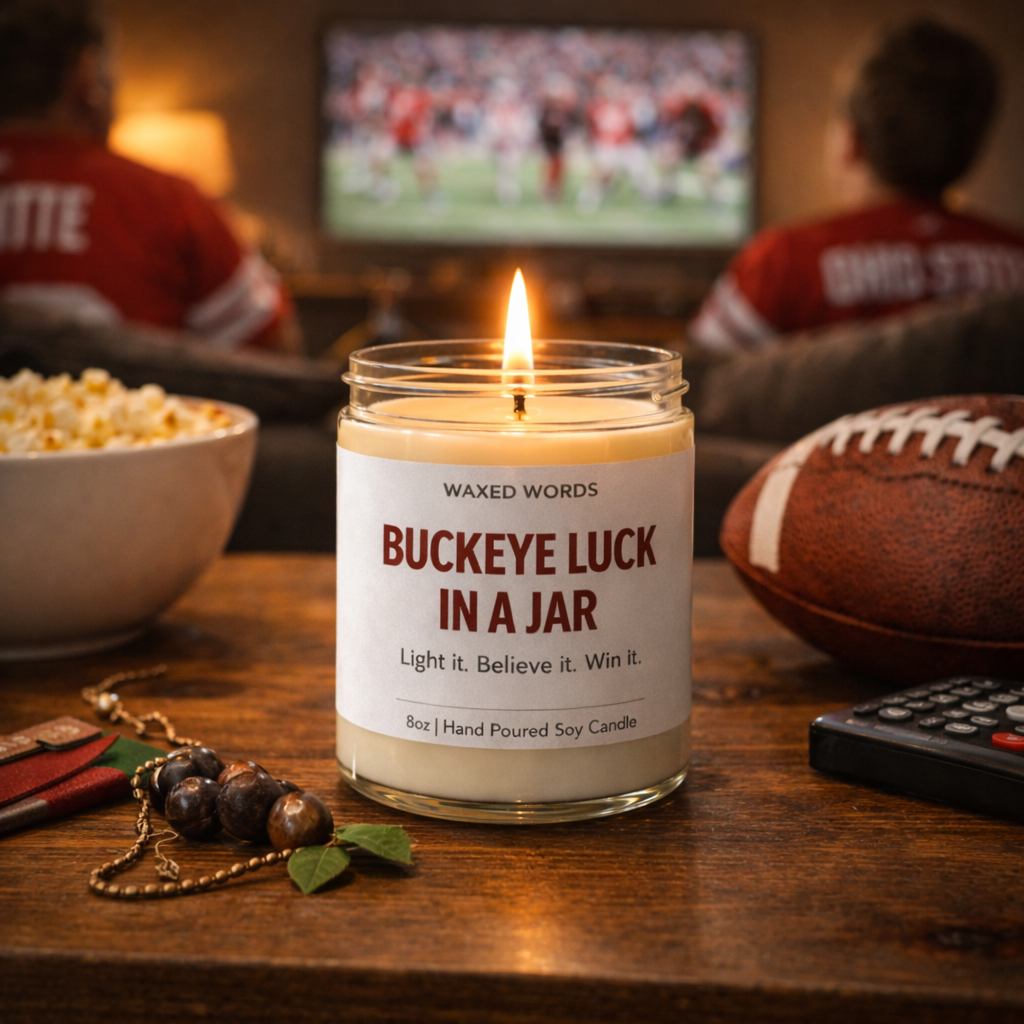 Waxed Words “Buckeye Luck in a Jar” candle glowing on a wooden table at a nighttime Ohio State tailgate with stadium lights and fans in the background.