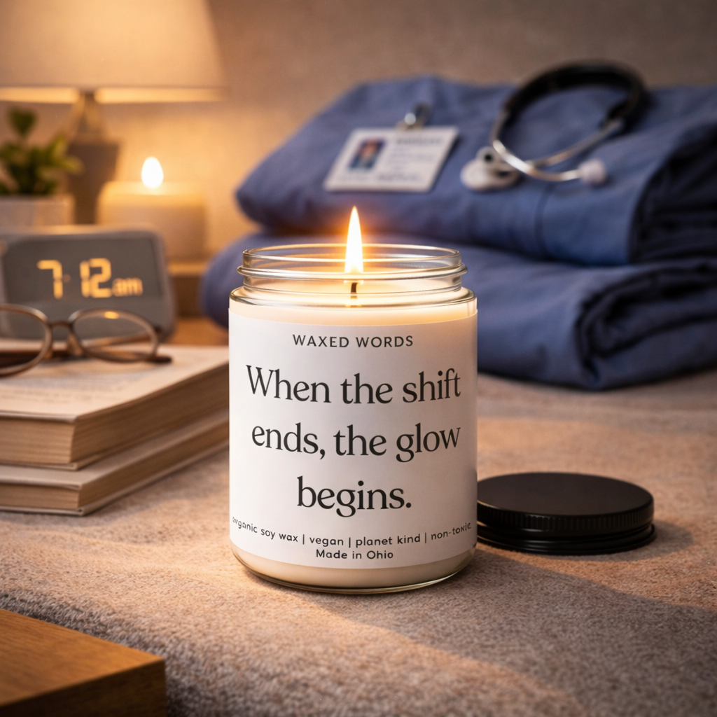 Waxed Words candle on a coffee table with nurse scrubs on the couch, stethoscope nearby, and a cozy blanket in a warm living room.