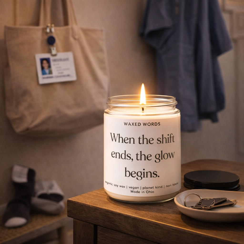 Waxed Words candle on an entryway table with nurse tote bag, ID badge, keys in a tray, and scrubs hanging on a wall hook.