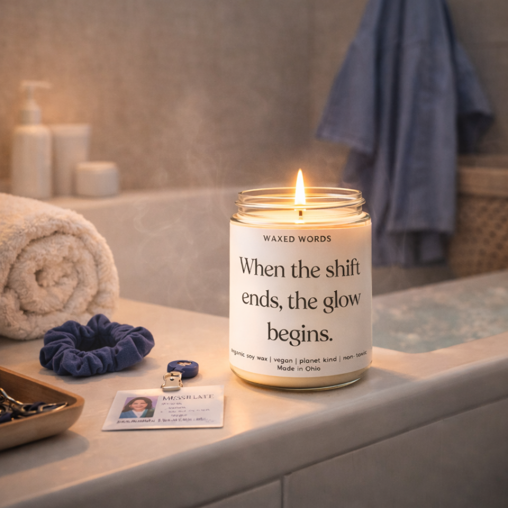 Waxed Words candle on a bathtub ledge with rolled towel, nurse badge, scrunchie, skincare items, and soft steam in the background.