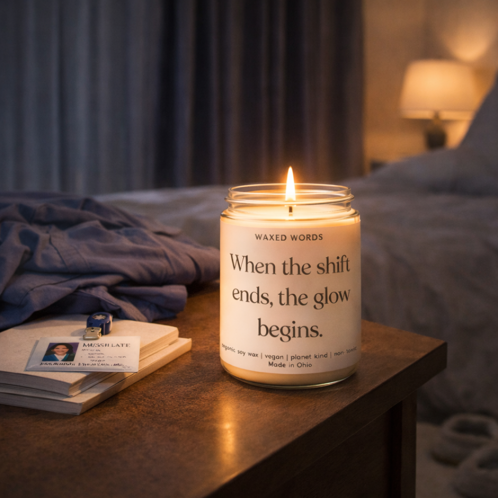Waxed Words candle on a nightstand with half-folded scrubs, nurse badge on a book, slippers on the floor, and dim bedroom lighting.