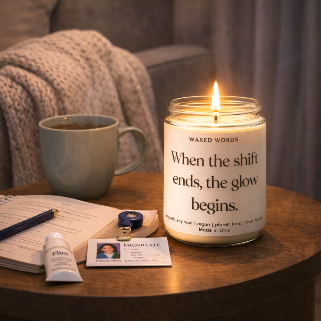 Waxed Words candle on a small table with planner, tea mug, nurse badge, hand cream, and cozy blanket in a warm home setting.