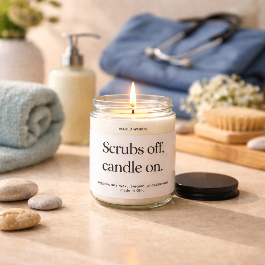 Waxed Words candle glowing on a bedside table with nurse badge, scrubs, and a dim lamp creating a relaxing nighttime atmosphere.