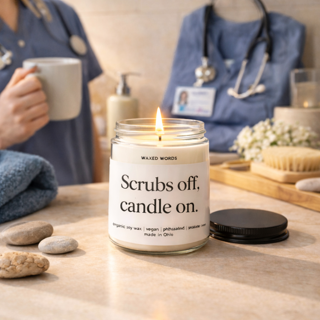 Waxed Words candle lit on a coffee table with nurse scrubs, stethoscope, and ID badge placed nearby in a home environment.