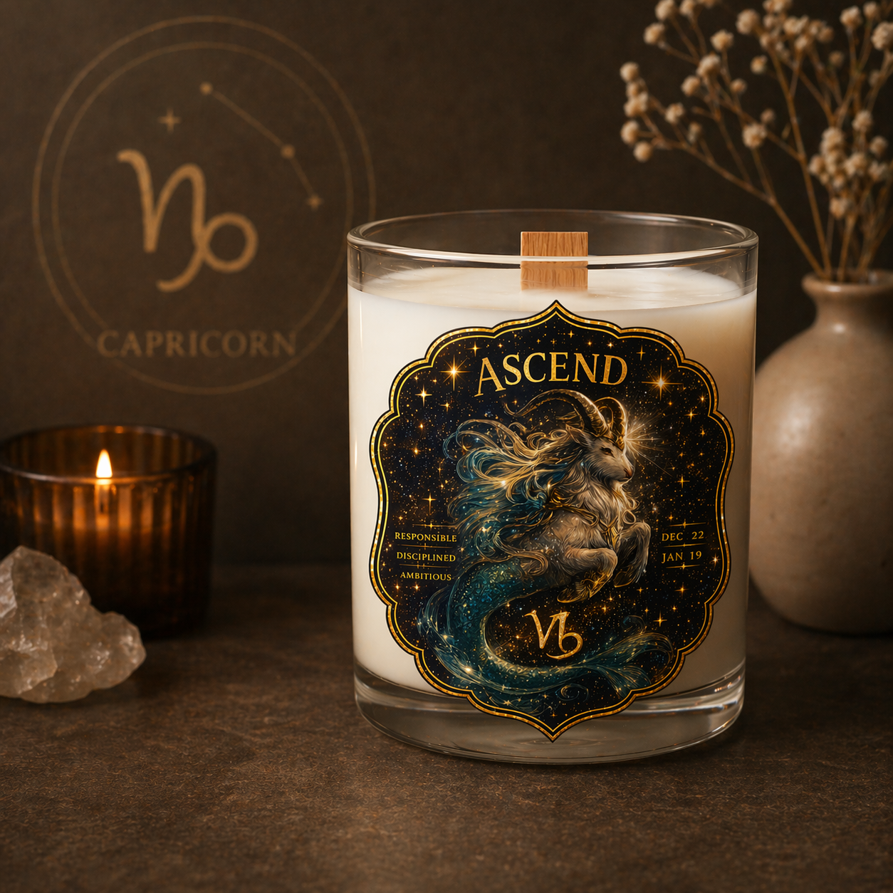 ASCEND — Capricorn Zodiac Ritual Candle with Tiger's Eye Crystal