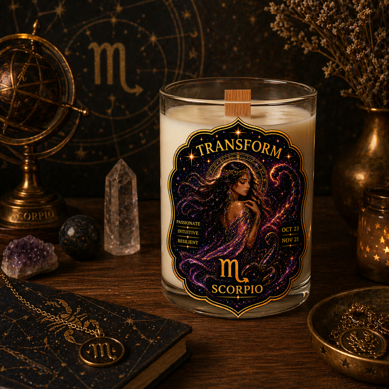 TRANSFORM — Scorpio Zodiac Ritual Candle with Obsidian Crystal