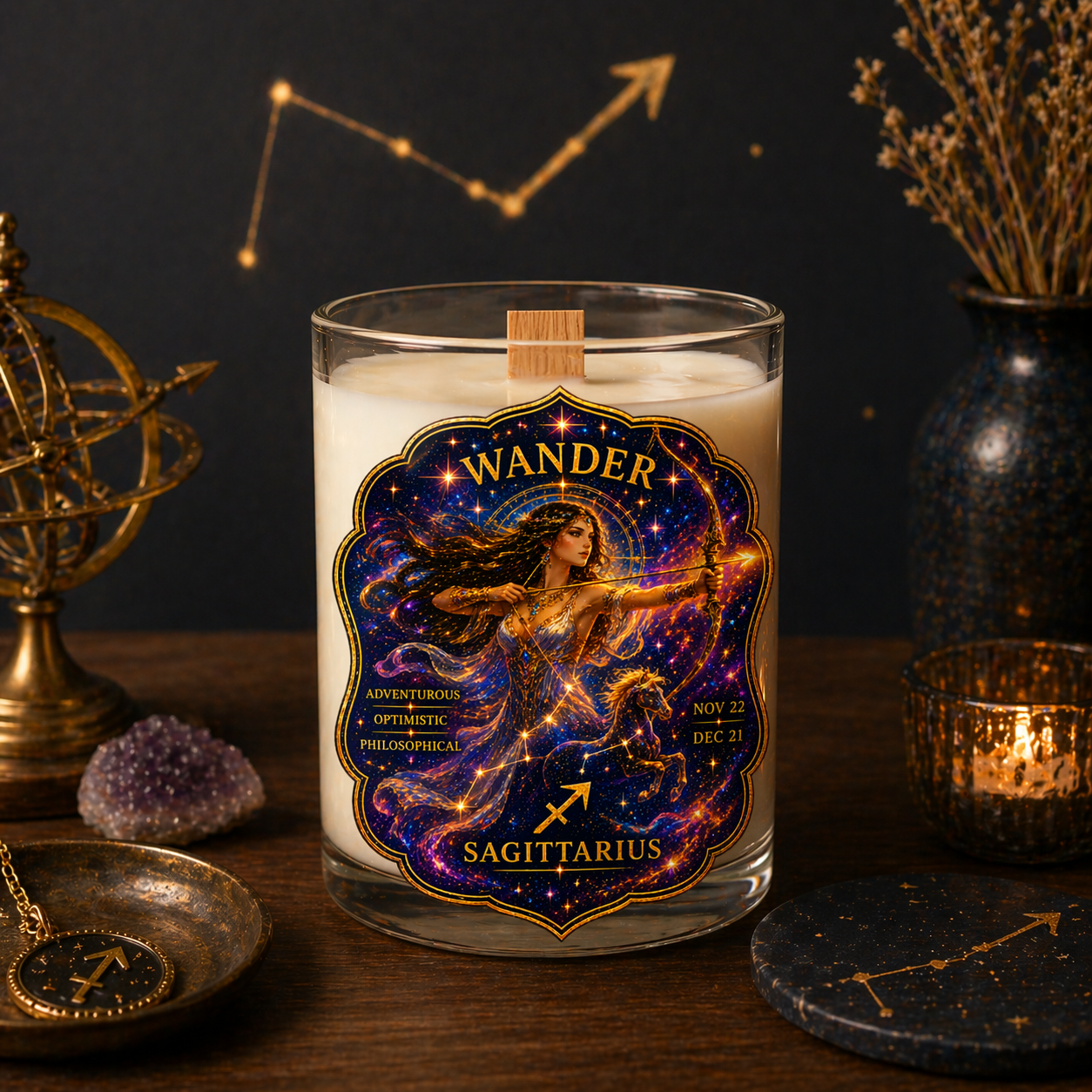 WANDER — Sagittarius Zodiac Ritual Candle with Sodalite Crystal