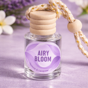 Airy Bloom hanging car diffuser bottle with wooden cap and braided rope, Jasmine & Lavender label