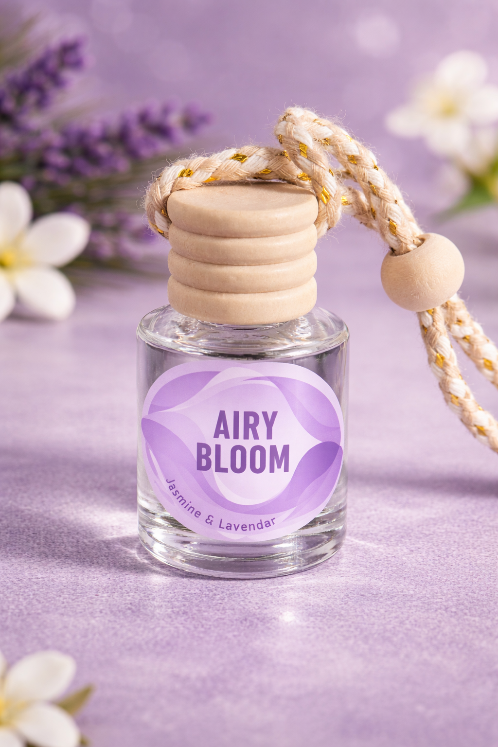 Airy Bloom hanging car diffuser bottle with wooden cap and braided rope, Jasmine & Lavender label