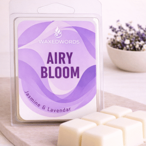 Close-up of floral wax melt cubes with soft purple label and minimalist styling