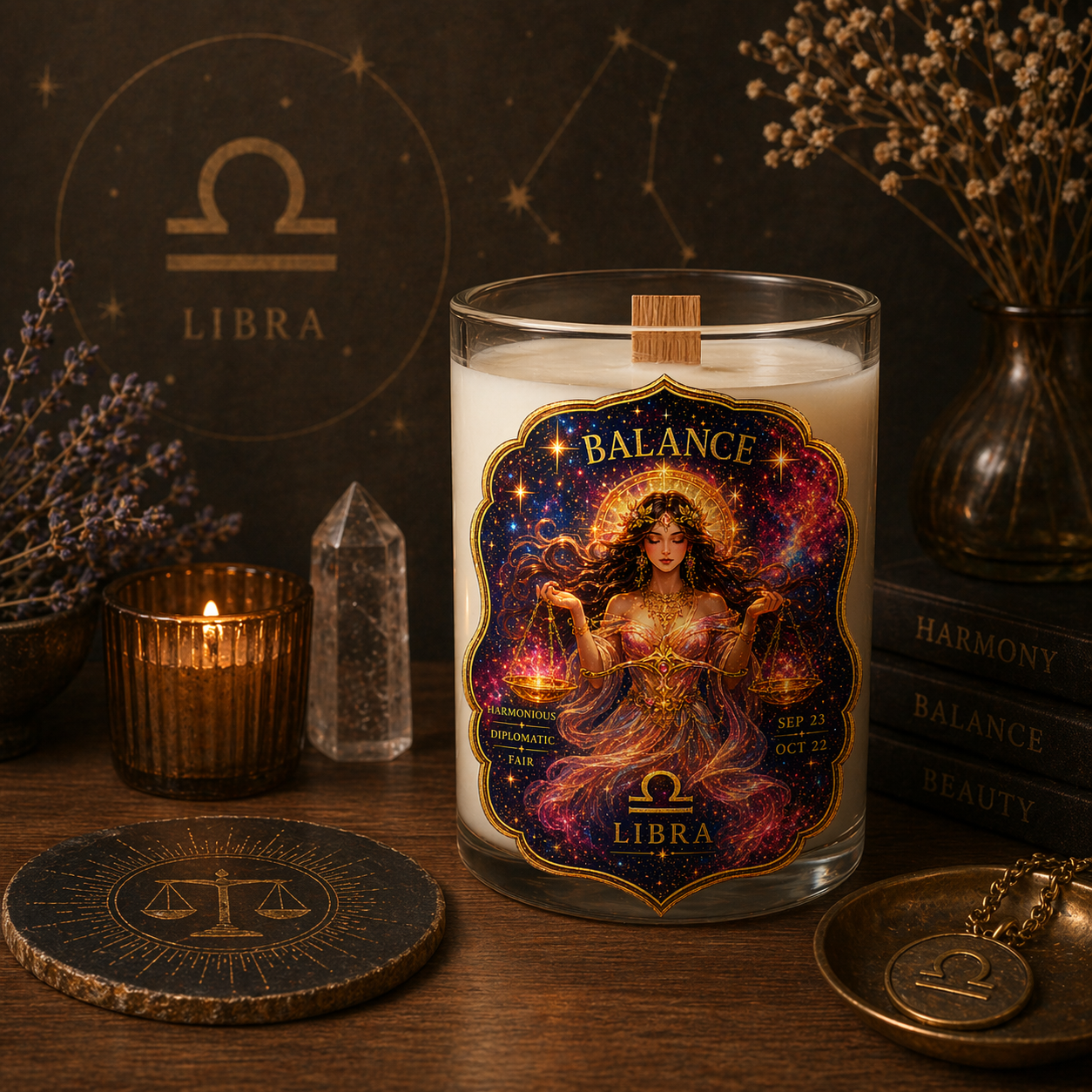 BALANCE — Libra Zodiac Ritual Candle with Lapis Lazuli Crystal