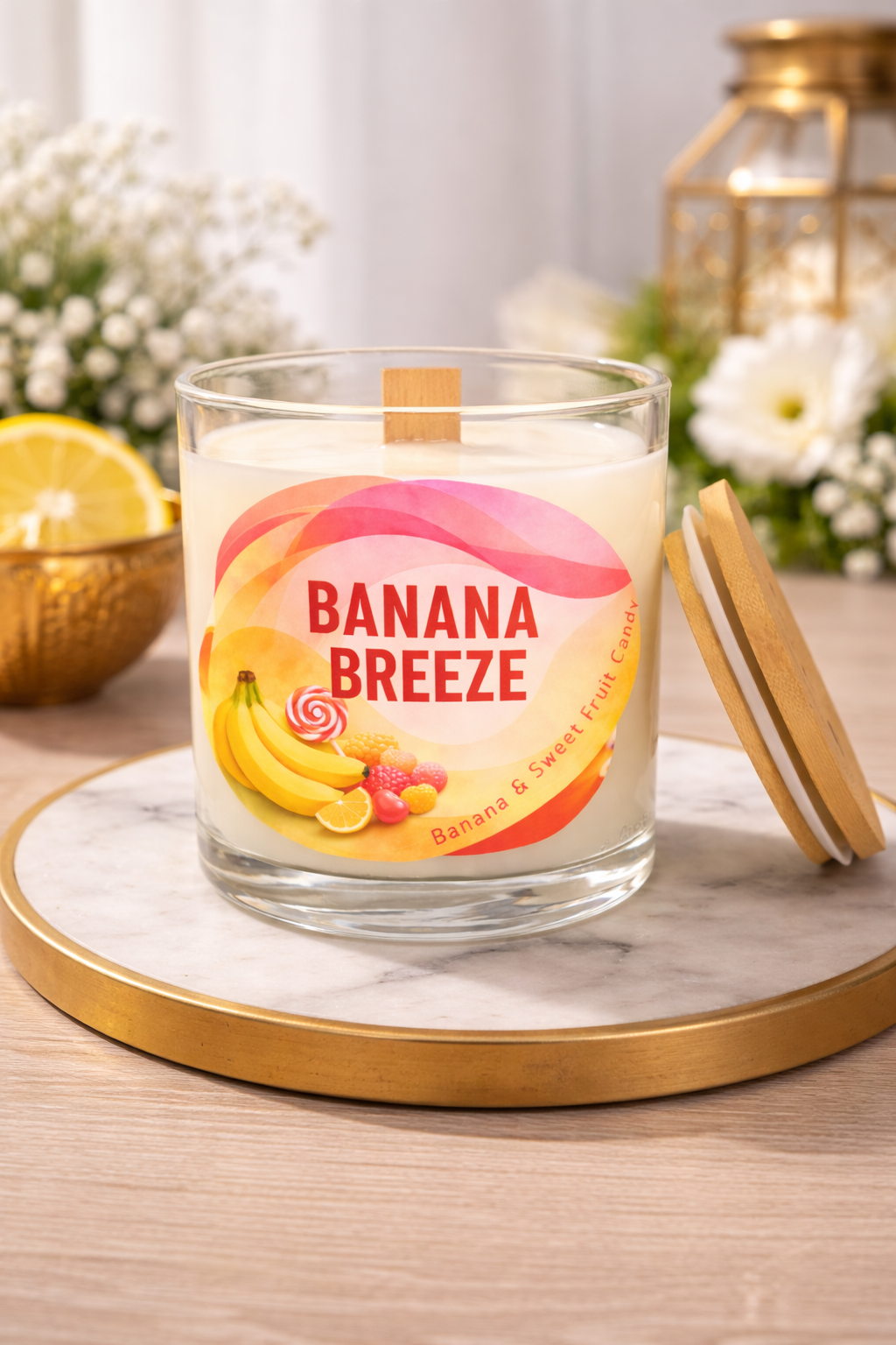 Banana Breeze Candle, Banana and Sweet Fruit Candy Scented Jar Candle, Glass, Wood Lid, Wooden Wick - Image 2