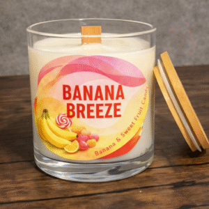 Banana Breeze 10oz glass jar candle with wooden lid and banana sweet fruit candy label