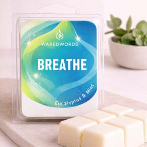 Breathe wax melts with eucalyptus and mint scent in clamshell packaging, designed to create a calm, spa-like home atmosphere