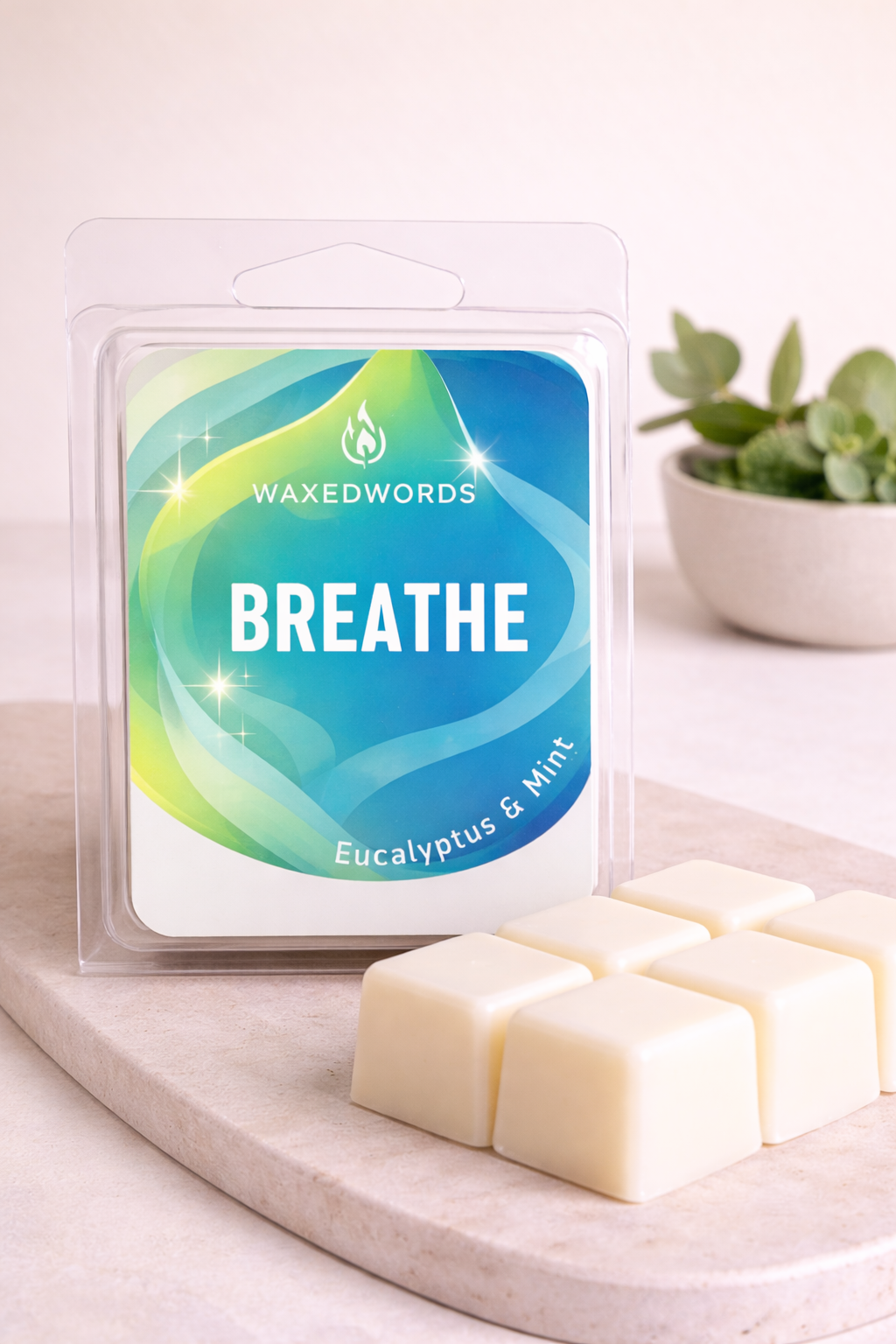 Breathe wax melts with eucalyptus and mint scent in clamshell packaging, designed to create a calm, spa-like home atmosphere