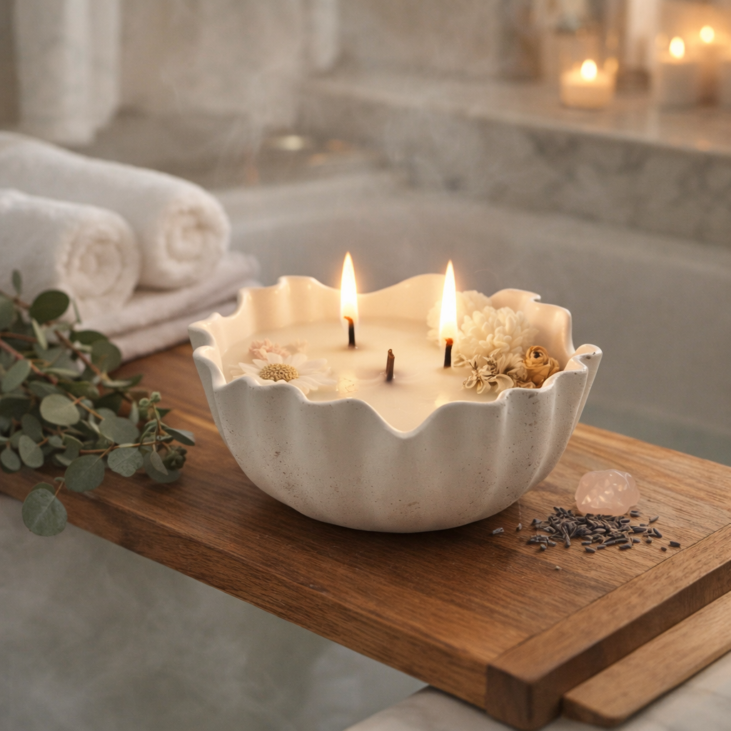 Waxed Words Calm in Chaos ceramic candle bowl with two wooden wicks lit on a wooden bath tray in a luxury spa bathroom with towels and soft steam.