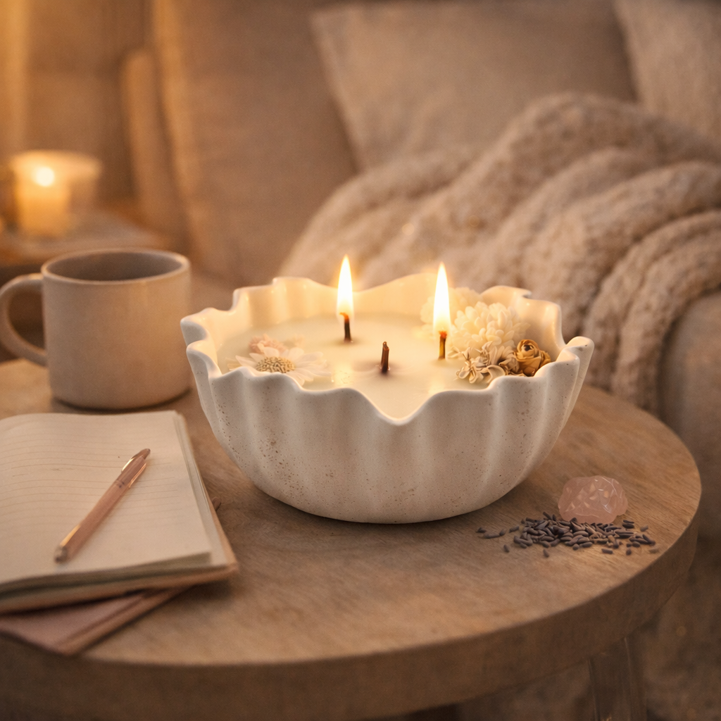 Waxed Words Calm in Chaos ceramic candle bowl with two wooden wicks lit on a side table with a journal, mug, and soft blanket in a cozy room.
