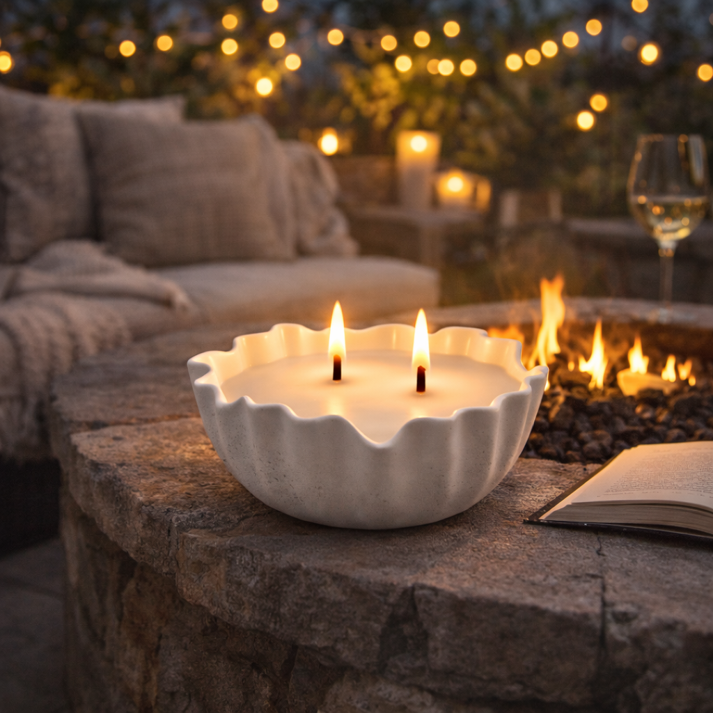 Waxed Words Calm in Chaos ceramic candle bowl with two wooden wicks lit on a side table with a journal, mug, and soft blanket in a cozy room.