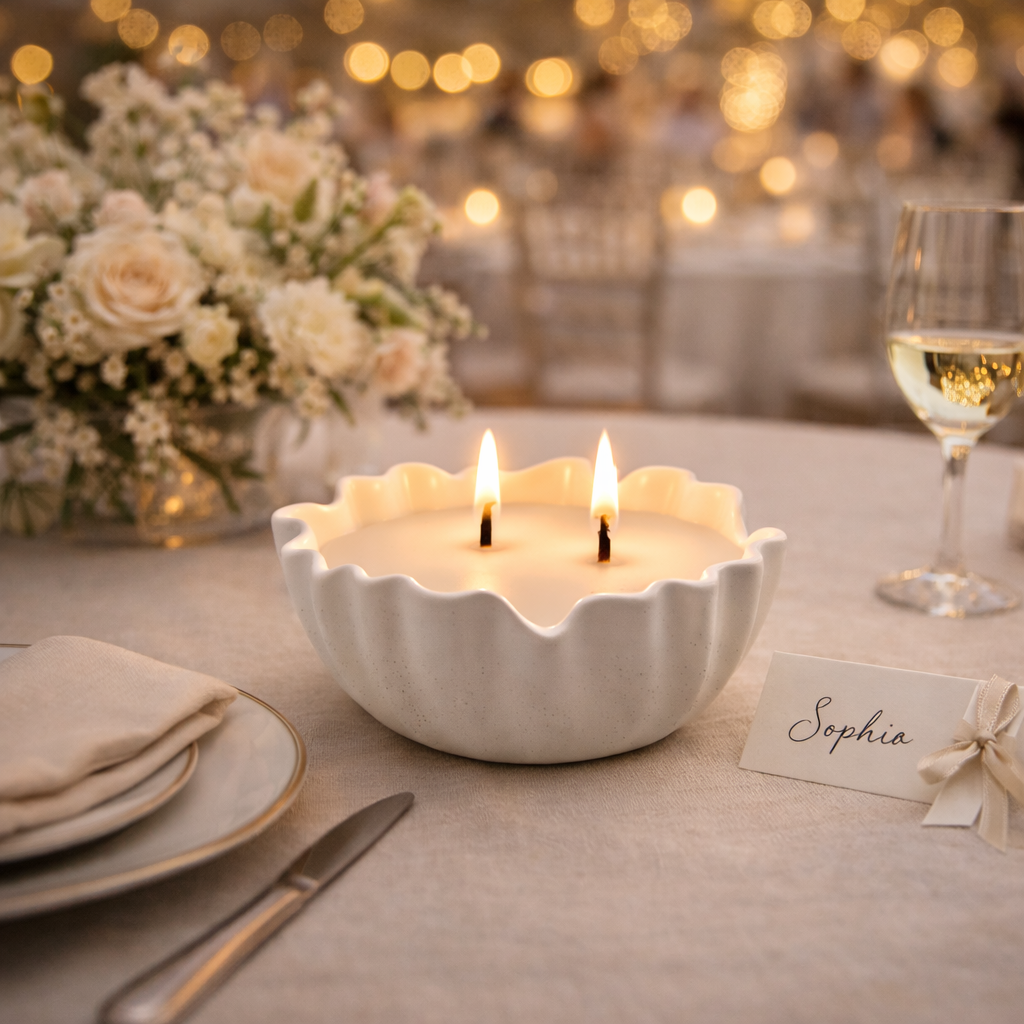 Waxed Words ceramic candle bowl with two wooden wicks lit on a neutral linen wedding table with soft florals and wrapped gift box.