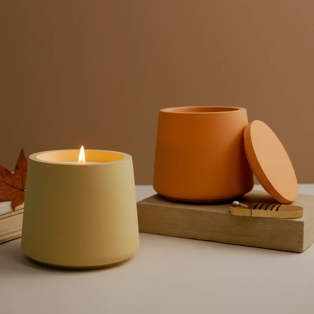 Matte ceramic candle with lid and wood wick styled in warm neutral tones for a calm and cozy atmosphere