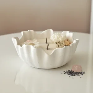 Gift-ready ceramic bowl candle in kraft box with paper fill, neutral spa-style styling
