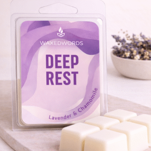 Deep Rest wax melts with lavender and chamomile scent in clamshell packaging, designed to create a calm, peaceful and sleep-friendly home atmosphere