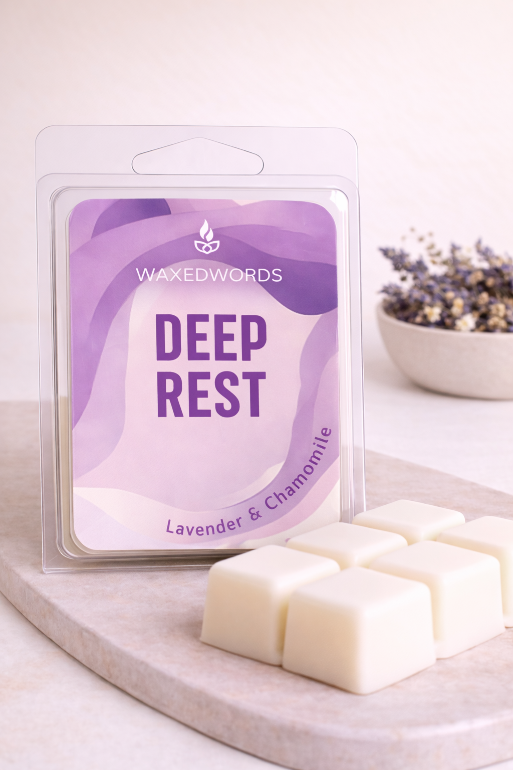 Deep Rest wax melts with lavender and chamomile scent in clamshell packaging, designed to create a calm, peaceful and sleep-friendly home atmosphere