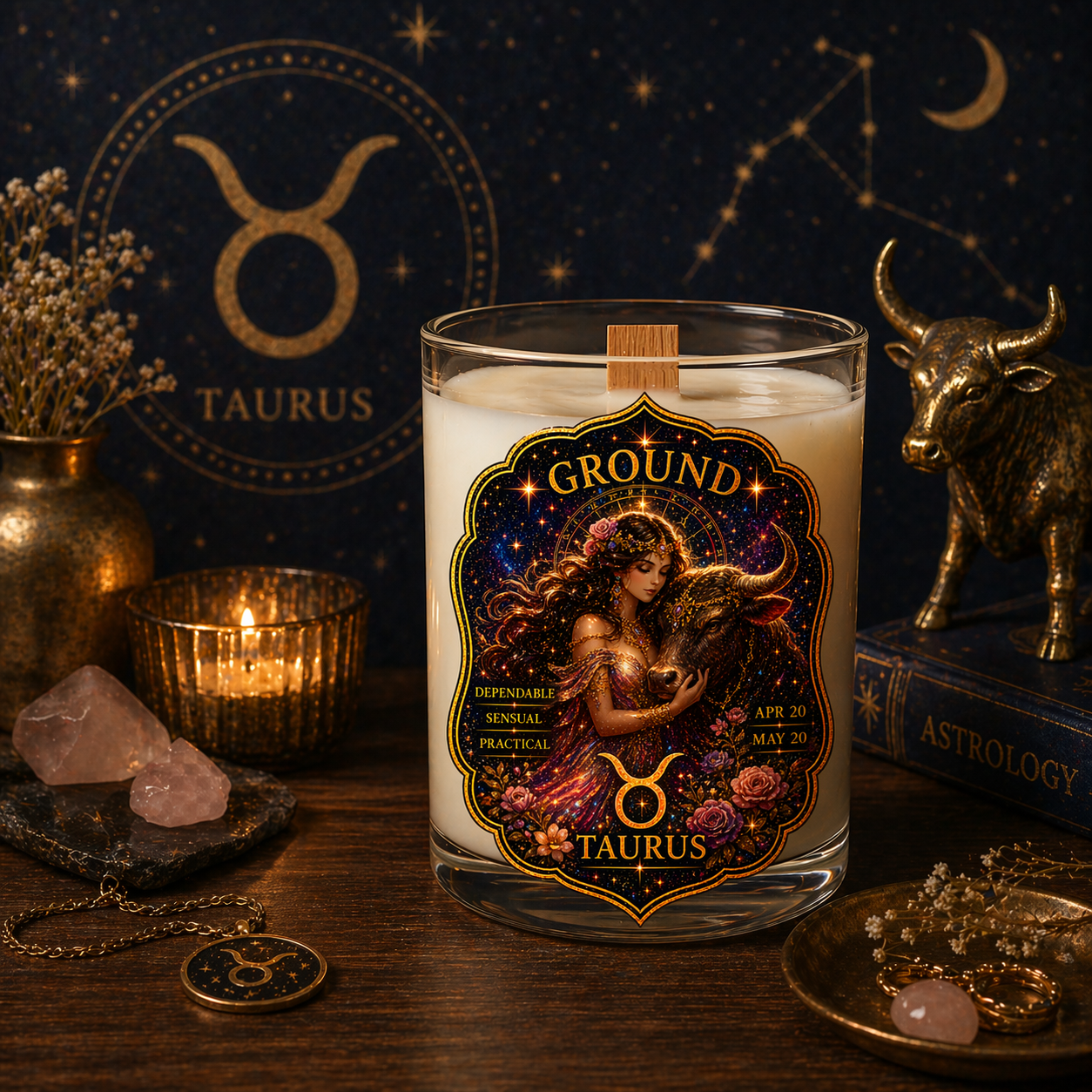 GROUND — Taurus Zodiac Ritual Candle with Rose Quartz Crystal
