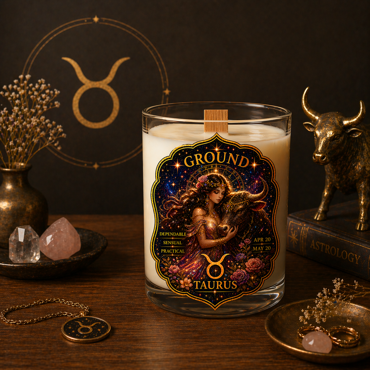 GROUND — Taurus Zodiac Ritual Candle with Rose Quartz Crystal - Image 3