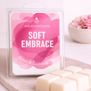 Soft Embrace wax melts with amber and cashmere scent in clamshell packaging, designed to create a warm, calming and cozy home atmosphere